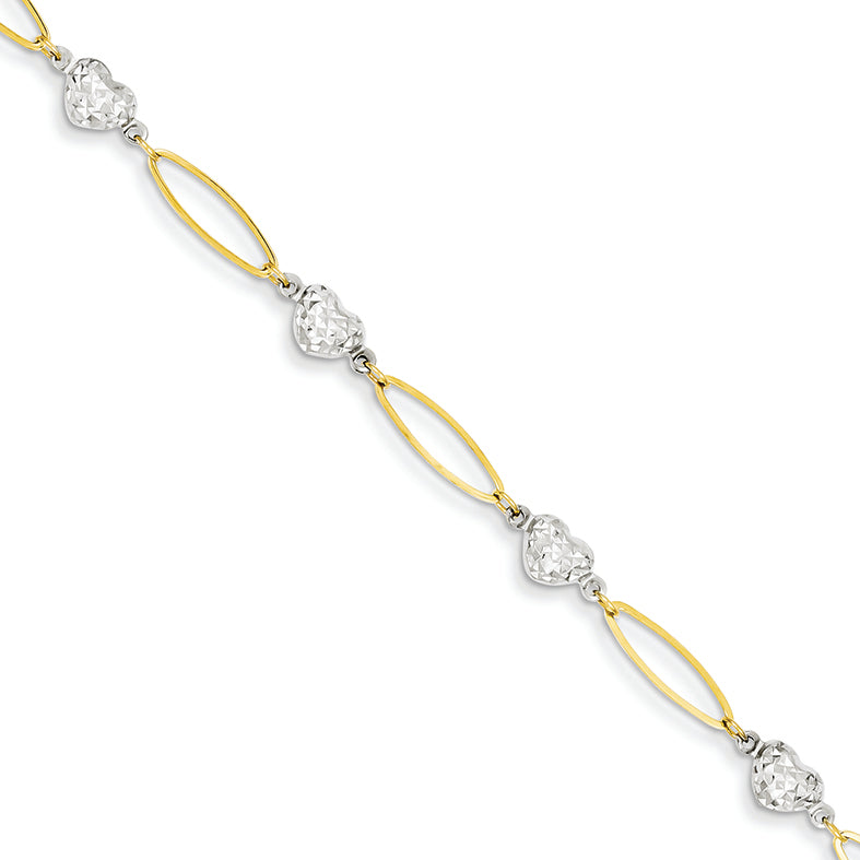 14K Gold Two-Tone Oval Link w Diamond Cut Heart Beads Bracelet 7.5 Inches