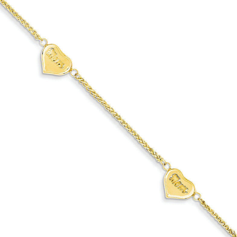 14K Gold Spiga Puff Hearts MOM Bracelet 7.5 Inches