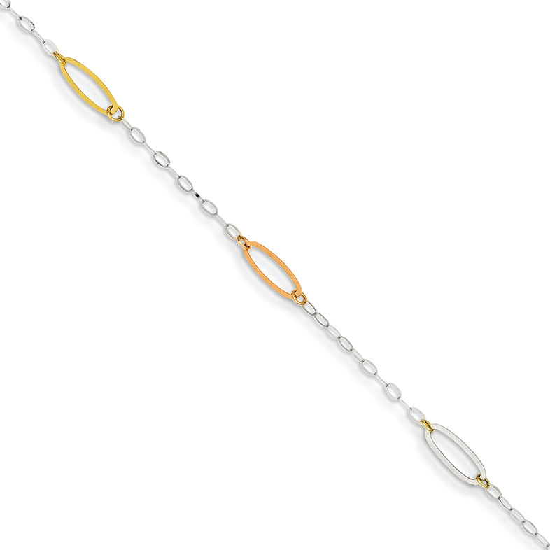 14K Gold Tri-color Oval Link Bracelet 7.5 Inches