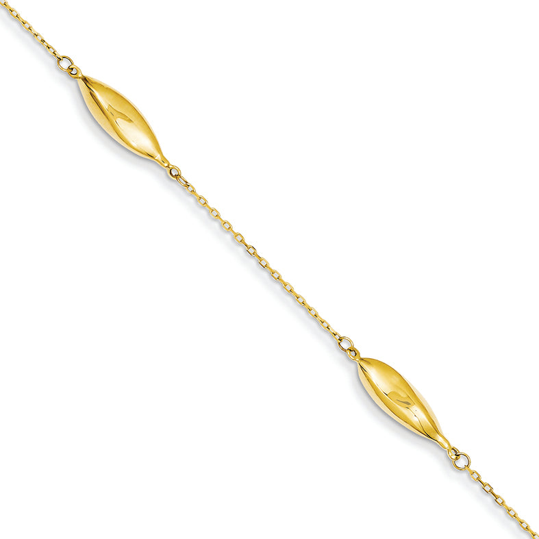 14K Gold Polished Oblong Bead Bracelet 7 Inches