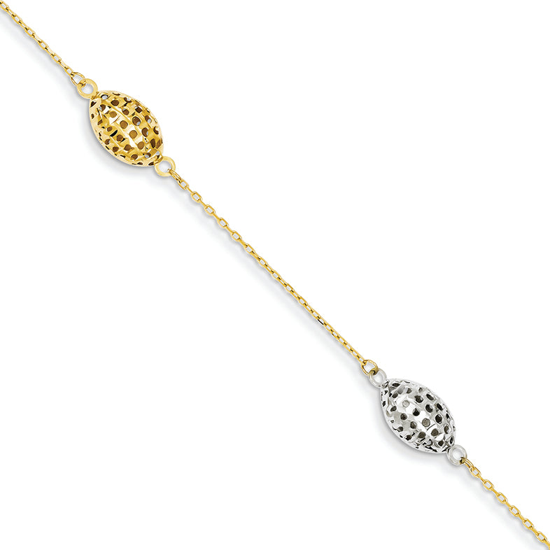 14K Gold Two-tone Diamond Cut Bead Bracelet 7.25 Inches
