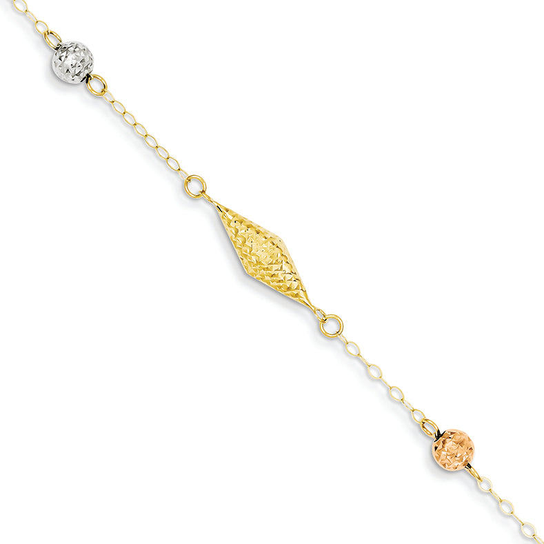 14K Gold Tri-color Diamond Cut Beads Bracelet 7.25 Inches