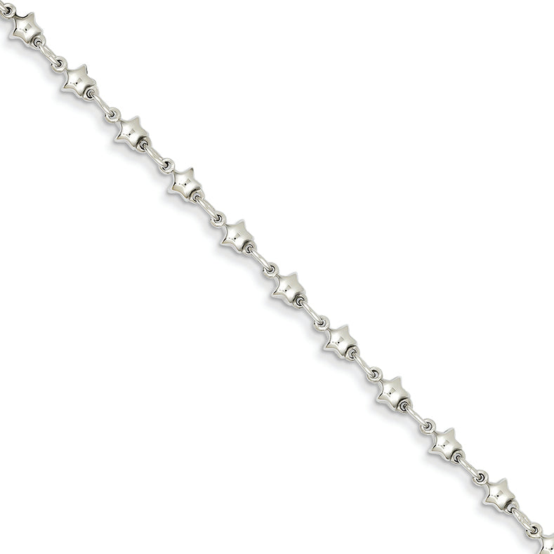 14K White Gold Polished Star Link Hollow Bracelet 7.25 Inches