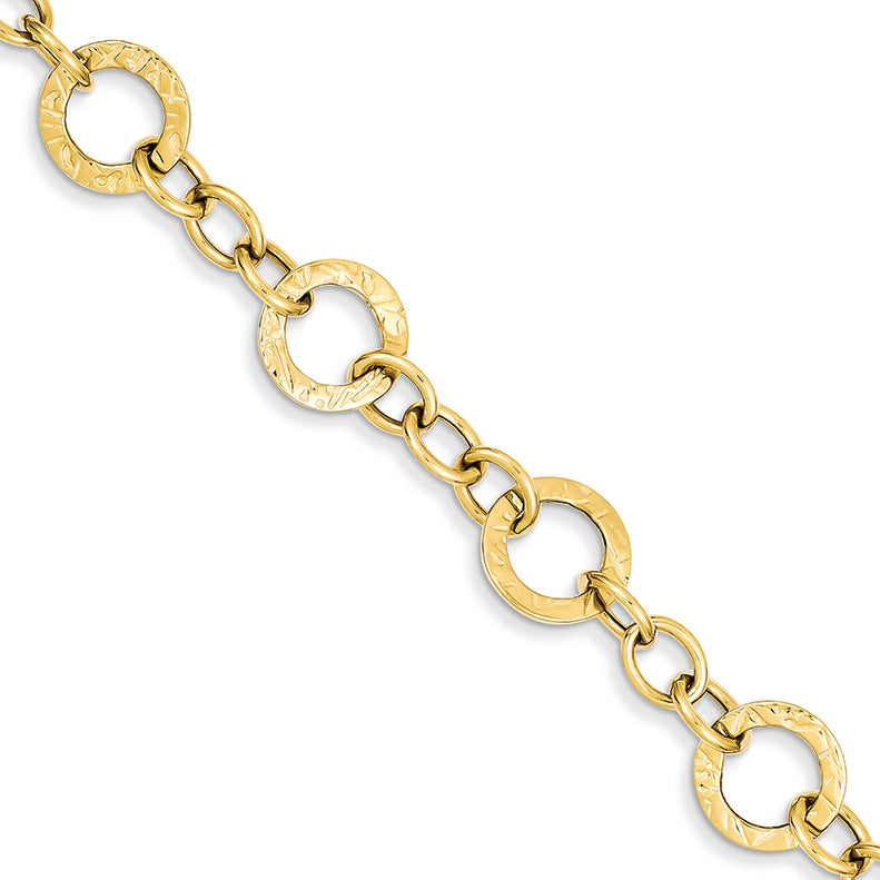 14K Gold Polished and Textured Fancy Link Bracelet 7.25 Inches