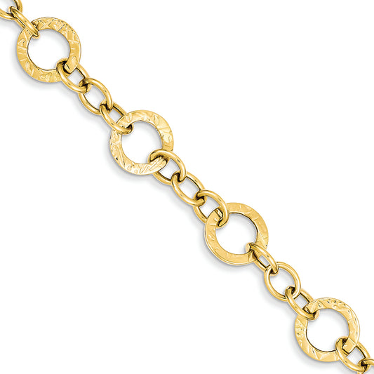 14K Gold Polished and Textured Fancy Link Bracelet 7.25 Inches