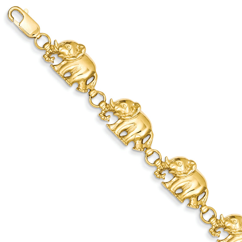 14K Gold 8in Diamond-cut Large Marching Elephants Bracelet 8 Inches