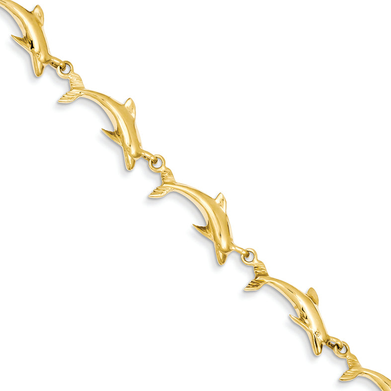 14K Gold Polished Dolphin Bracelet 7 Inches