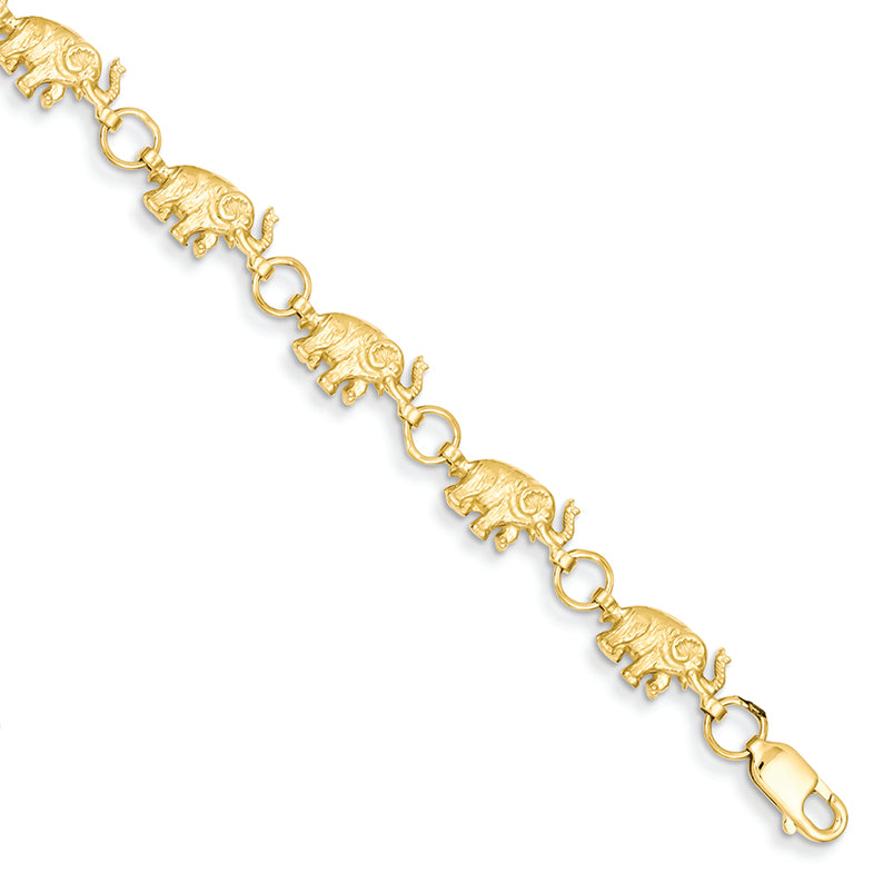 14K Gold 8in Diamond-cut Small Elephants with Trunks Raised Bracelet 8 Inches