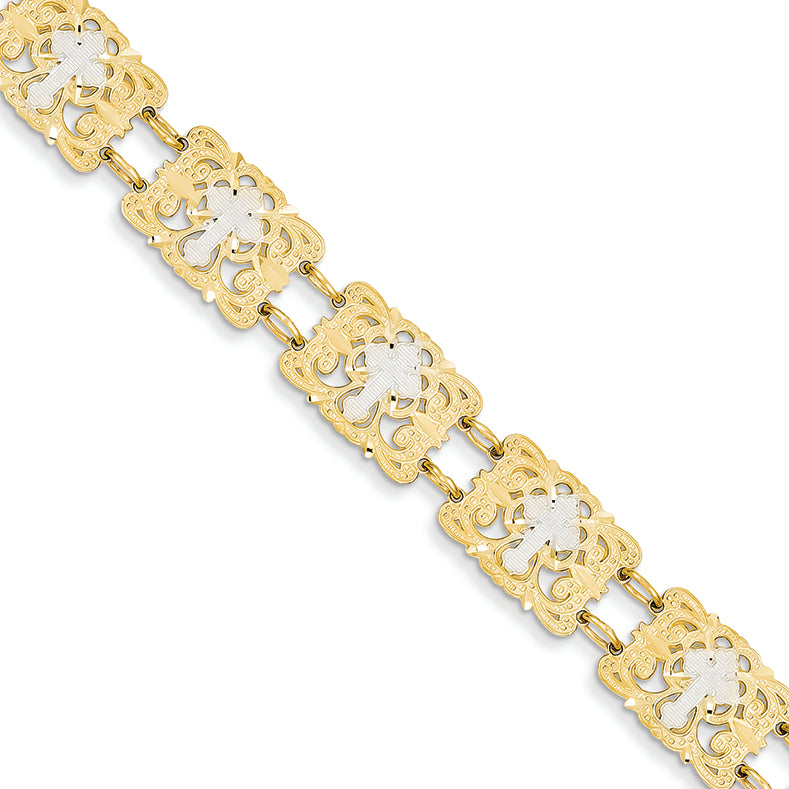 14K Gold Rhodium Fancy Cross Bracelet 7.5 Inches