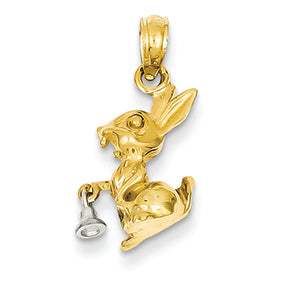 14K Gold Two-Tone Solid Polished 3-Dimensional Rabbit with Bell Pendant