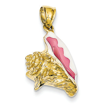 14K Gold Polished 3-Dimensional Pink & White Enameled Conch Shell Pendant