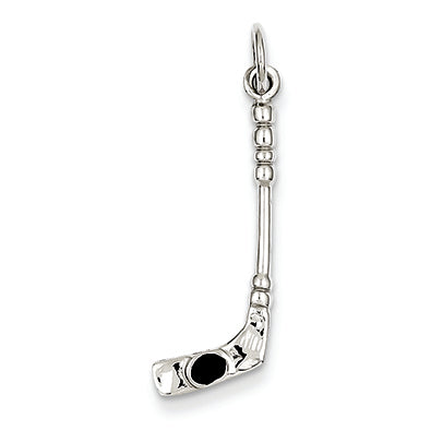 14K White Gold Solid Polished 3-Dimensional Black Enameled Hockey Stick Cha