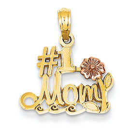 14K Gold Two-Tone Polished #1 Mom with Flower Pendant