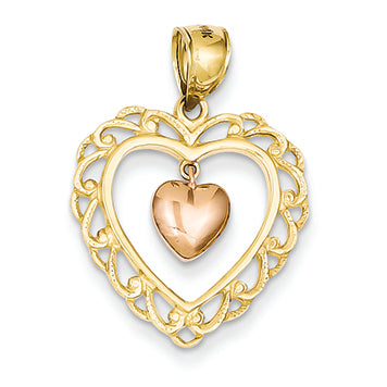 14K Gold Two-tone Dangling Heart in Scallop Heart Pendant