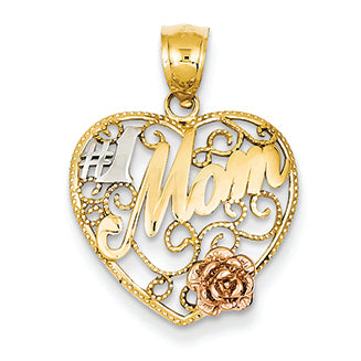 14K Gold Yellow & Rose Gold w/Rhodium #1 Mom in Heart Pendant
