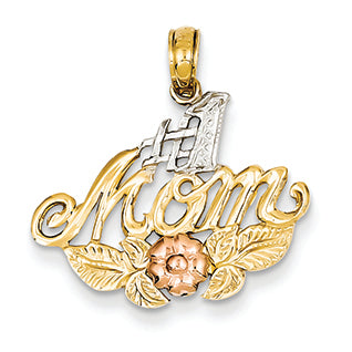 14K Gold Yellow & Rose Gold w/Rhodium #1 Mom w/Flower Pendant