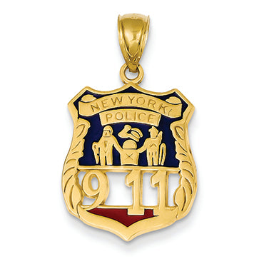 14K Gold Enameled New York Police 911 Badge Pendant
