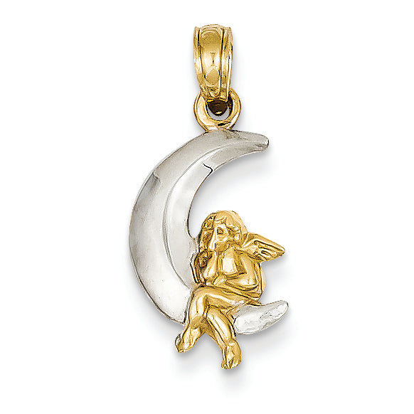 14K Gold Two-tone 3-D Angel on Moon Pendant