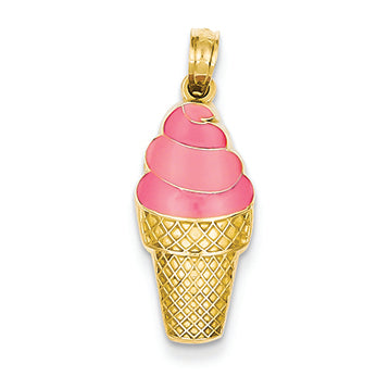 14K Gold Enameled Strawberry Ice Cream Cone Pendant