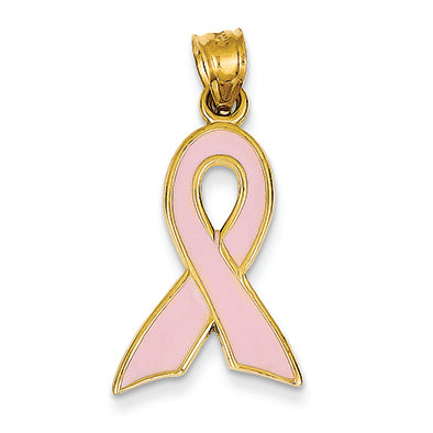 14K Gold Large Enameled Pink Awareness Ribbon Pendant