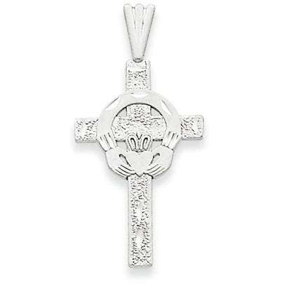 14K White Gold Satin Claddagh Cross Pendant