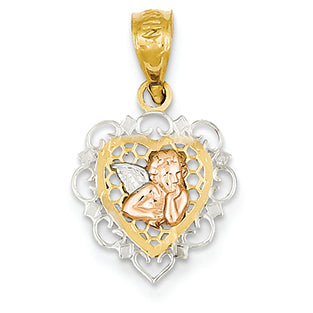 14K Gold Two-tone & Rhodium Angel Heart Pendant