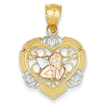 14K Gold Two-tone & Rhodium Angel in Heart Pendant