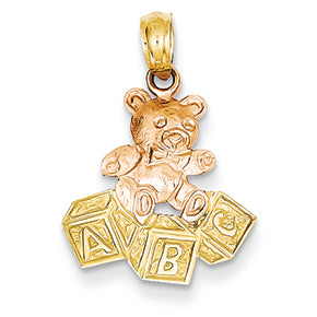 14K Gold Two-tone Teddy Bear w/ABC Blocks Pendant