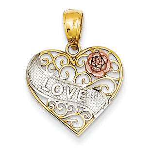 14K Gold Yellow & Rose Gold w/Rhodium Love Heart Pendant