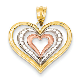 14K Gold Yellow, Rose and Rhodium Diamond-cut Heart Pendant