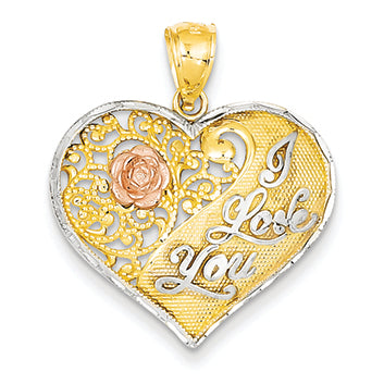 14K Gold Two-tone and Rhodium I Love You Heart Pendant