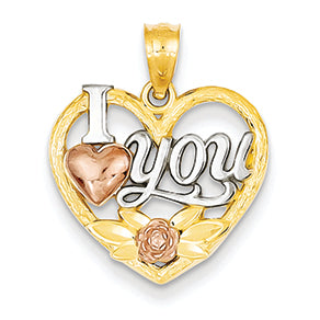 14K Gold Two-tone and Rhodium I Love You Heart Pendant