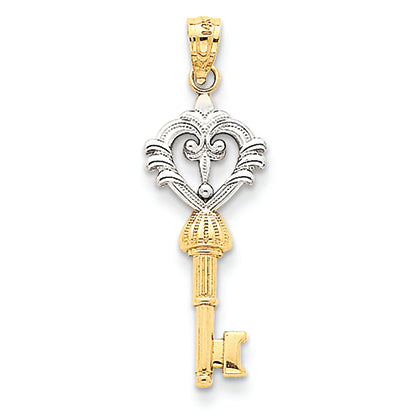 14K Gold and Rhodium Heart Key Pendant