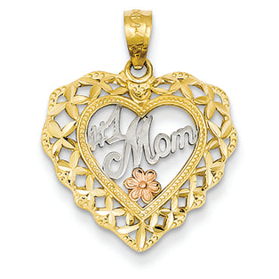 14K Gold Two-tone and Rhodium #1 Mom Heart Pendant