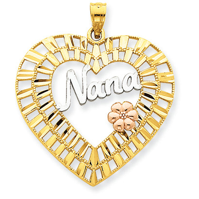 14K Gold Yellow & Rose Gold w/Rhodium Diamond-cut Nana Heart Pendant