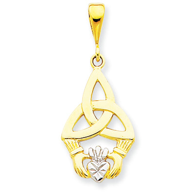 14K Gold Rhodium Diamond-cut Claddagh Pendant
