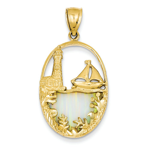 14K Gold Imitation Opal Lighthouse & Sailboat Pendant