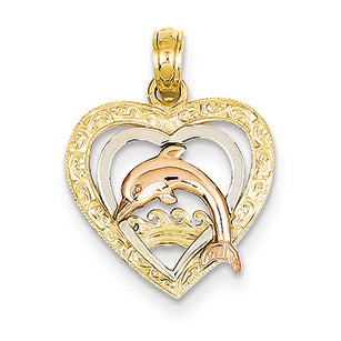 14K Gold Yellow & Rose Gold w/Rhodium Dolphin Heart Pendant