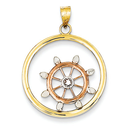 14K Gold Tri-Color Ship's Wheel in Circle Pendant