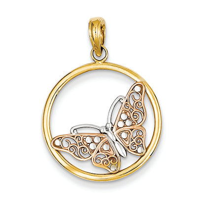 14K Gold Rose & yellow gold w/ Rhodium Butterfly in Circle Pendant