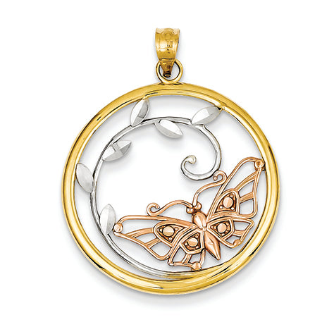 14K Gold Yellow & Rose Gold w/Rhodium Butterfly in Circle Pendant