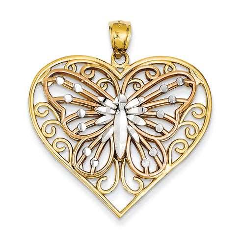 14K Gold rose&yellow gold rhodiu Diamond-cut Butterfly on Heart Pendant