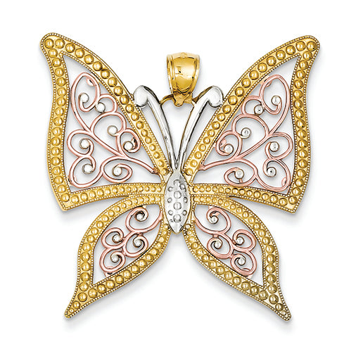 14K Gold Yellow & Rose Gold w/Rhodium Diamond-cut Butterfly Pendant