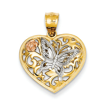 14K Gold Tri color Butterfly Heart Pendant