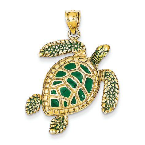 14K Gold 3-D Enameled Sea Turtle Pendant