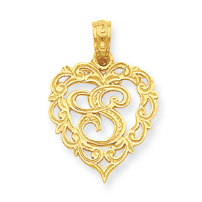 14K Gold S Script Initial in Heart Pendant