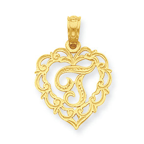 14K Gold T Script Initial in Heart Pendant