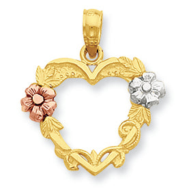 14K Gold Two-tone & Rhodium Heart with Flowers Pendant