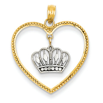 14K Gold Two-tone Dangling Crown Heart Pendant