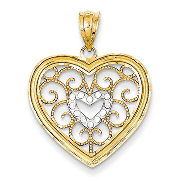 14K Gold & Rhodium Diamond-cut Filigree Heart Pendant